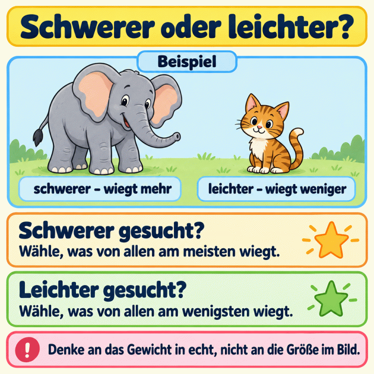 Schwerer oder leichter? Ein Beispiel zeigt einen Elefanten und eine Hauskatze. Der Elefant ist schwerer: Er wiegt mehr als die Katze. Die Katze ist leichter: Sie wiegt weniger als der Elefant. Wird nach schwerer gefragt, wähle, was von allen am meisten wiegt. Wird nach leichter gefragt, wähle, was von allen am wenigsten wiegt. Denke an das Gewicht in echt, nicht an die Größe im Bild. Schwerer oder leichter? Schwerer gesucht?: Wähle, was von allen am meisten wiegt. Leichter gesucht?: Wähle, was von allen am wenigsten wiegt. Denke an das Gewicht in echt, nicht an die Größe im Bild. Beispiel schwerer – wiegt mehr leichter – wiegt weniger !