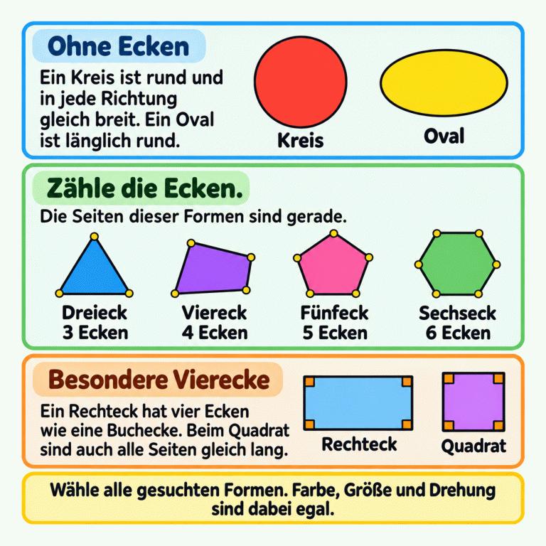 Eine Formenübersicht in drei Abschnitten: Kreis und Oval haben keine Ecken. Der Kreis ist rund und in jede Richtung gleich breit, das Oval länglich rund. Dreieck, Viereck, Fünfeck und Sechseck haben gerade Seiten und drei, vier, fünf oder sechs Ecken. Rechtecke und Quadrate sind besondere Vierecke mit vier Ecken wie Buchecken. Beim Quadrat sind außerdem alle Seiten gleich lang. Wähle alle gesuchten Formen; Farbe, Größe und Drehung sind dabei egal. Ohne Ecken: Ein Kreis ist rund und in jede Richtung gleich breit. Ein Oval ist länglich rund. Zähle die Ecken.: Die Seiten dieser Formen sind gerade. Besondere Vierecke: Ein Rechteck hat vier Ecken wie eine Buchecke. Beim Quadrat sind auch alle Seiten gleich lang. Wähle alle gesuchten Formen. Farbe, Größe und Drehung sind dabei egal. Kreis Oval Dreieck
3 Ecken Viereck
4 Ecken Fünfeck
5 Ecken Sechseck
6 Ecken Rechteck Quadrat
