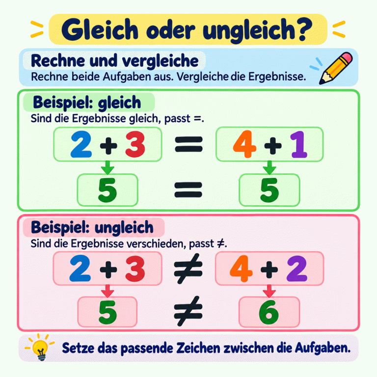 Gleich oder ungleich? Rechne beide Aufgaben aus und vergleiche die Ergebnisse. Im Gleich-Beispiel ergeben 2 plus 3 und 4 plus 1 jeweils 5. Deshalb steht zwischen den Aufgaben das Gleichheitszeichen. Im Ungleich-Beispiel ergibt 2 plus 3 die Zahl 5, aber 4 plus 2 ergibt 6. Deshalb steht zwischen diesen Aufgaben das Ungleichheitszeichen. Gleich oder ungleich? Rechne und vergleiche: Rechne beide Aufgaben aus. Vergleiche die Ergebnisse. Beispiel: gleich: Sind die Ergebnisse gleich, passt =. Beispiel: ungleich: Sind die Ergebnisse verschieden, passt ≠. Setze das passende Zeichen zwischen die Aufgaben. 2 + 3 4 + 1 4 + 2 5 6 = ≠
