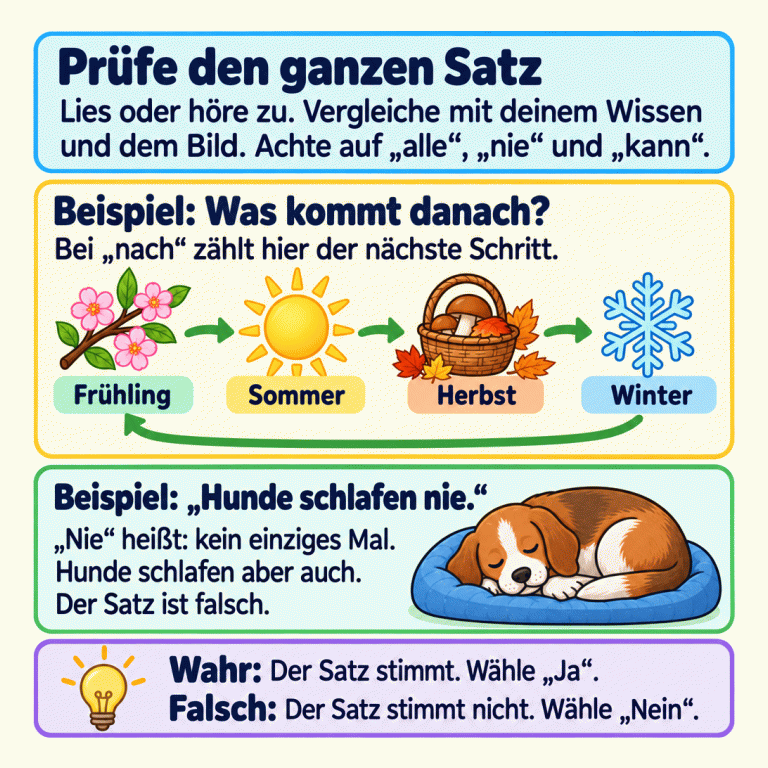 Lernkarte zum Prüfen von Aussagen. Vergleiche den ganzen Satz mit deinem Wissen und dem Bild und beachte Wörter wie „alle“, „nie“ und „kann“. Ein Jahreszeitenkreislauf zeigt: Frühling, Sommer, Herbst, Winter und wieder Frühling. Bei „nach“ zählt hier der nächste Schritt. Ein schlafender Hund veranschaulicht, warum „Hunde schlafen nie“ falsch ist: Hunde schlafen auch. Ist eine Aussage wahr, wähle „Ja“. Ist sie falsch, wähle „Nein“. Prüfe den ganzen Satz: Lies oder höre zu. Vergleiche mit deinem Wissen und dem Bild. Achte auf „alle“, „nie“ und „kann“. Beispiel: Was kommt danach?: Bei „nach“ zählt hier der nächste Schritt. Beispiel: „Hunde schlafen nie.“: „Nie“ heißt: kein einziges Mal. Hunde schlafen aber auch. Der Satz ist falsch. Wahr: Der Satz stimmt. Wähle „Ja“.
Falsch: Der Satz stimmt nicht. Wähle „Nein“. Frühling Sommer Herbst Winter