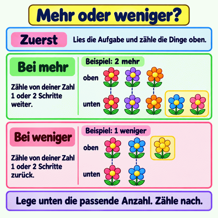 Zähle zuerst die Dinge oben. Für mehr zählst du je nach Aufgabe einen oder zwei Schritte weiter, für weniger zurück. Lege unten die passende Anzahl. Zwei Beispiele zeigen den Vergleich: Drei Blüten oben und fünf unten sind unten zwei mehr. Drei Blüten oben und zwei unten sind unten eine weniger. Mehr oder weniger? Zuerst: Lies die Aufgabe und zähle die Dinge oben. Bei mehr: Zähle von deiner Zahl 1 oder 2 Schritte weiter. Bei weniger: Zähle von deiner Zahl 1 oder 2 Schritte zurück. Lege unten die passende Anzahl. Zähle nach. Beispiel: 2 mehr Beispiel: 1 weniger oben unten
