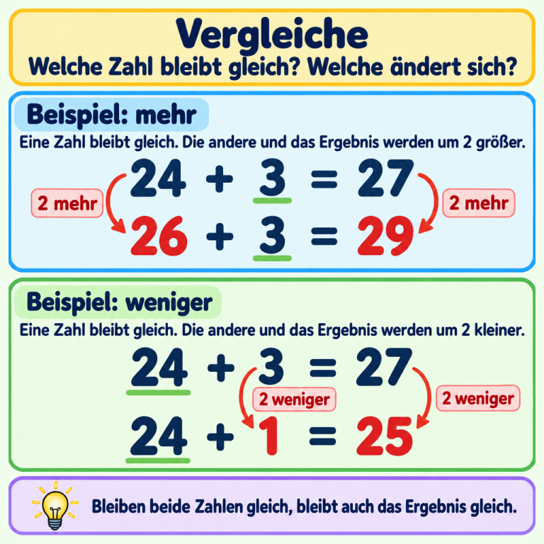 Zwei Beispiele zeigen, wie eine bekannte Addition hilft. Aus 24 plus 3 gleich 27 wird 26 plus 3 gleich 29: Der erste Summand und das Ergebnis werden um 2 größer. Aus 24 plus 3 gleich 27 wird 24 plus 1 gleich 25: Der zweite Summand und das Ergebnis werden um 2 kleiner. In jedem Beispiel bleibt der andere Summand gleich. Bleiben beide Zahlen gleich, bleibt auch das Ergebnis gleich. Vergleiche: Welche Zahl bleibt gleich? Welche ändert sich? Beispiel: mehr: Eine Zahl bleibt gleich. Die andere und das Ergebnis werden um 2 größer. Beispiel: weniger: Eine Zahl bleibt gleich. Die andere und das Ergebnis werden um 2 kleiner. Bleiben beide Zahlen gleich, bleibt auch das Ergebnis gleich. 24 + 3 = 27 26 + 3 = 29 24 + 1 = 25 2 mehr 2 weniger