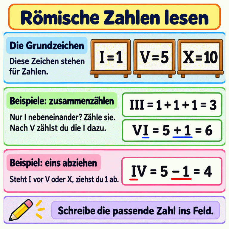 Römische Zahlen lesen: I bedeutet 1, V bedeutet 5 und X bedeutet 10. Nebeneinanderstehende I werden zusammengezählt: III ist 1 plus 1 plus 1, also 3. Nach V wird I dazugezählt: VI ist 6. Steht I vor V oder X, wird eins abgezogen. Das Beispiel IV zeigt 5 minus 1, also 4. Die passende Zahl wird ins Feld geschrieben. Römische Zahlen lesen Die Grundzeichen: Diese Zeichen stehen für Zahlen. Beispiele: zusammenzählen: Nur I nebeneinander? Zähle sie. Nach V zählst du die I dazu. Beispiel: eins abziehen: Steht I vor V oder X, ziehst du 1 ab. Schreibe die passende Zahl ins Feld. I = 1 V = 5 X = 10 III = 1 + 1 + 1 = 3 VI = 5 + 1 = 6 IV = 5 − 1 = 4