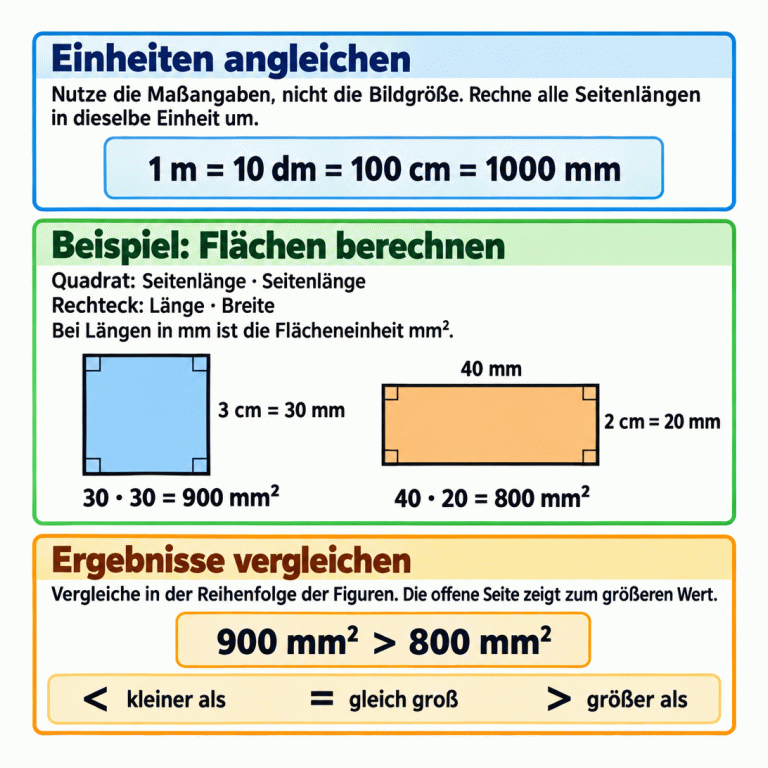 Drei Schritte zum Vergleichen von Flächeninhalten: Zuerst die Maßangaben nutzen und alle Seitenlängen in dieselbe Einheit umrechnen. Dabei gilt: 1 m = 10 dm = 100 cm = 1000 mm. Im Lehrbeispiel hat das Quadrat eine Seitenlänge von 3 cm, also 30 mm. Sein Flächeninhalt beträgt 30 · 30 = 900 mm². Das Rechteck hat benachbarte Seiten von 40 mm und 2 cm, also 20 mm. Sein Flächeninhalt beträgt 40 · 20 = 800 mm². Deshalb gilt im Beispiel: 900 mm² > 800 mm². Die offene Seite zeigt zum größeren Wert. Die Zeichen bedeuten kleiner als, gleich groß und größer als. Einheiten angleichen: Nutze die Maßangaben, nicht die Bildgröße. Rechne alle Seitenlängen in dieselbe Einheit um. Beispiel: Flächen berechnen: Quadrat: Seitenlänge · Seitenlänge
Rechteck: Länge · Breite
Bei Längen in mm ist die Flächeneinheit mm². Ergebnisse vergleichen: Vergleiche in der Reihenfolge der Figuren. Die offene Seite zeigt zum größeren Wert. 1 m = 10 dm = 100 cm = 1000 mm 3 cm = 30 mm 40 mm 2 cm = 20 mm 30 · 30 = 900 mm² 40 · 20 = 800 mm² 900 mm² > 800 mm² < kleiner als = gleich groß > größer als