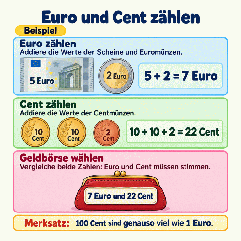 Ein Beispiel zeigt das Zusammenzählen von Geld: Ein 5-Euro-Schein und eine 2-Euro-Münze ergeben 7 Euro. Zwei 10-Cent-Münzen und eine 2-Cent-Münze ergeben 22 Cent. Auf der passenden Geldbörse steht deshalb 7 Euro und 22 Cent. Beim Auswählen müssen beide Betragsteile stimmen. 100 Cent sind genauso viel wie 1 Euro. Euro und Cent zählen Euro zählen: Addiere die Werte der Scheine und Euromünzen. Cent zählen: Addiere die Werte der Centmünzen. Geldbörse wählen: Vergleiche beide Zahlen: Euro und Cent müssen stimmen. 100 Cent sind genauso viel wie 1 Euro. Beispiel 5 Euro 2 Euro 5 + 2 = 7 Euro 10 Cent 2 Cent 10 + 10 + 2 = 22 Cent 7 Euro und 22 Cent Merksatz:
