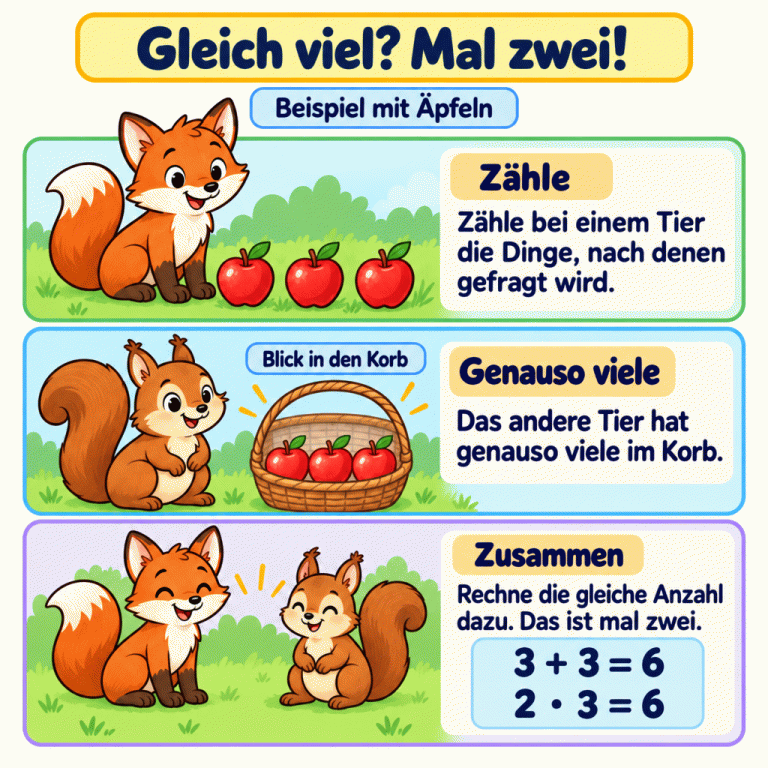 Gleich viel? Mal zwei! Ein Beispiel mit Äpfeln: Beim Fuchs liegen drei Äpfel offen. Das Eichhörnchen hat genauso viele im Korb. Ein erklärender Blick in den Korb zeigt ebenfalls drei Äpfel. Zähle die gesuchten Dinge und rechne dieselbe Anzahl dazu: drei plus drei ist sechs. Das ist auch zweimal drei. Beide Tiere haben zusammen sechs Äpfel. Gleich viel? Mal zwei! Zähle: Zähle bei einem Tier die Dinge, nach denen gefragt wird. Genauso viele: Das andere Tier hat genauso viele im Korb. Zusammen: Rechne die gleiche Anzahl dazu. Das ist mal zwei. Beispiel mit Äpfeln Blick in den Korb 3 + 3 = 6 2 · 3 = 6