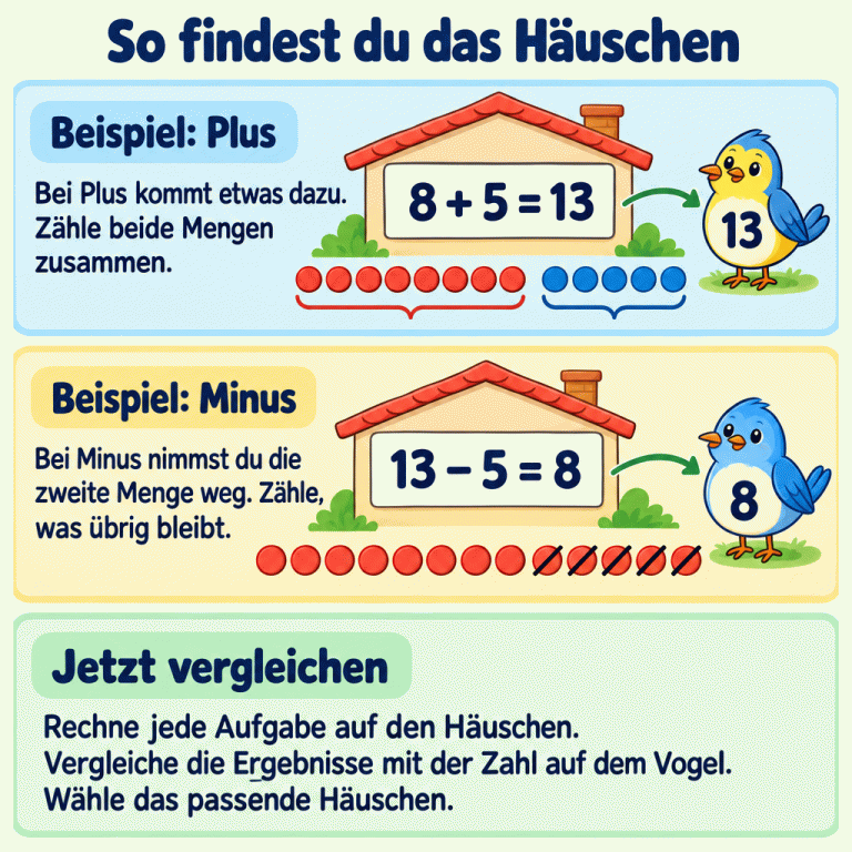 Zwei Rechenbeispiele erklären die Häuschensuche. Bei Plus ergeben acht und fünf Plättchen zusammen dreizehn: 8 + 5 = 13. Dazu passt der Vogel mit der Zahl 13. Bei Minus werden von dreizehn Plättchen fünf weggenommen. Acht bleiben übrig: 13 − 5 = 8. Dazu passt der Vogel mit der Zahl 8. Rechne die Aufgaben aus und wähle das Häuschen, dessen Ergebnis mit der Zahl auf dem Vogel übereinstimmt. So findest du das Häuschen Beispiel: Plus: Bei Plus kommt etwas dazu. Zähle beide Mengen zusammen. Beispiel: Minus: Bei Minus nimmst du die zweite Menge weg. Zähle, was übrig bleibt. Jetzt vergleichen: Rechne jede Aufgabe auf den Häuschen. Vergleiche die Ergebnisse mit der Zahl auf dem Vogel. Wähle das passende Häuschen. 8 + 5 = 13 13 13 − 5 = 8 8