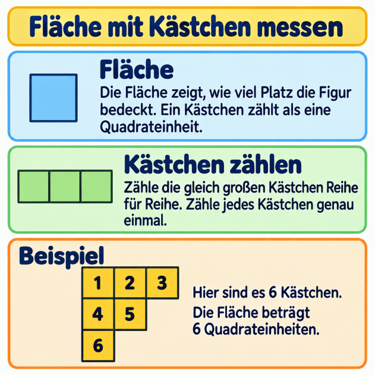 Fläche mit Kästchen messen: Gleich große quadratische Kästchen werden Reihe für Reihe genau einmal gezählt. Jedes Kästchen zählt als eine Quadrateinheit. Das Lehrbeispiel zeigt eine Treppenfigur mit drei Kästchen in der oberen, zwei in der mittleren und einem in der unteren Reihe. Die Kästchen sind fortlaufend von 1 bis 6 nummeriert. Die Fläche dieser Beispiel-Figur beträgt 6 Quadrateinheiten. Fläche mit Kästchen messen Fläche: Die Fläche zeigt, wie viel Platz die Figur bedeckt. Ein Kästchen zählt als eine Quadrateinheit. Kästchen zählen: Zähle die gleich großen Kästchen Reihe für Reihe. Zähle jedes Kästchen genau einmal. Beispiel: Hier sind es 6 Kästchen.
Die Fläche beträgt 6 Quadrateinheiten. 1 2 3 4 5 6