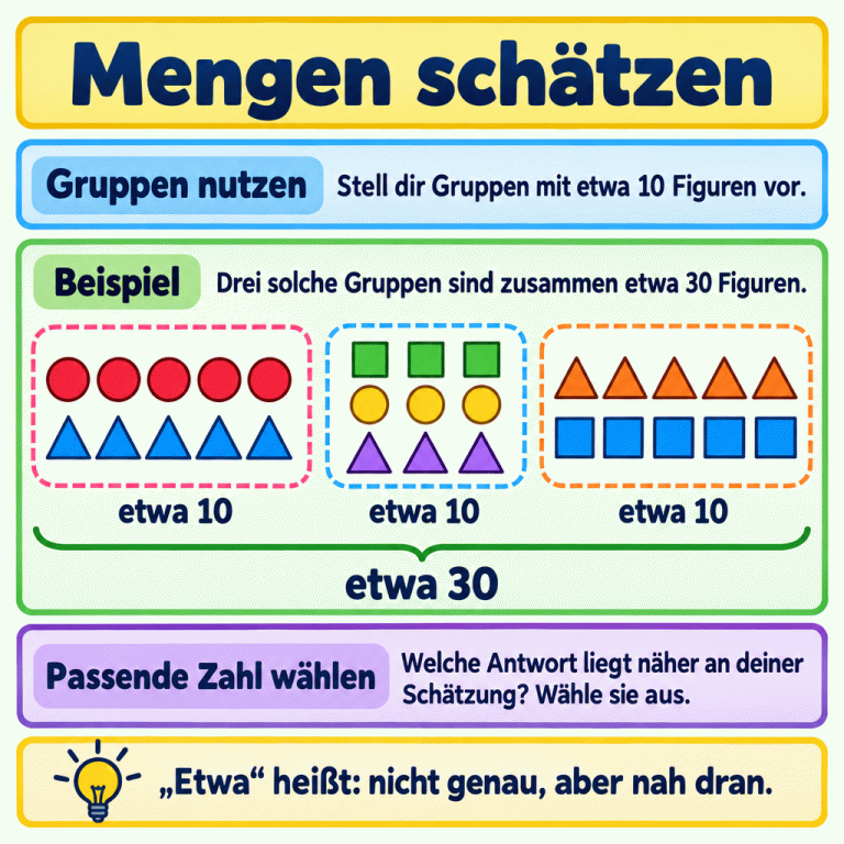 Mengen schätzen: Stell dir Gruppen mit etwa zehn Figuren vor. Das Lehrbeispiel zeigt drei Gruppen mit zehn, neun und zehn Figuren. Jede Gruppe enthält etwa zehn Figuren, zusammen sind es etwa dreißig. Vergleiche deine Schätzung mit den angebotenen Antworten und wähle die passendere Zahl. „Etwa“ bedeutet: nicht genau, aber nah dran. Mengen schätzen Gruppen nutzen: Stell dir Gruppen mit etwa 10 Figuren vor. Beispiel: Drei solche Gruppen sind zusammen etwa 30 Figuren. Passende Zahl wählen: Welche Antwort liegt näher an deiner Schätzung? Wähle sie aus. „Etwa“ heißt: nicht genau, aber nah dran. etwa 10 etwa 30