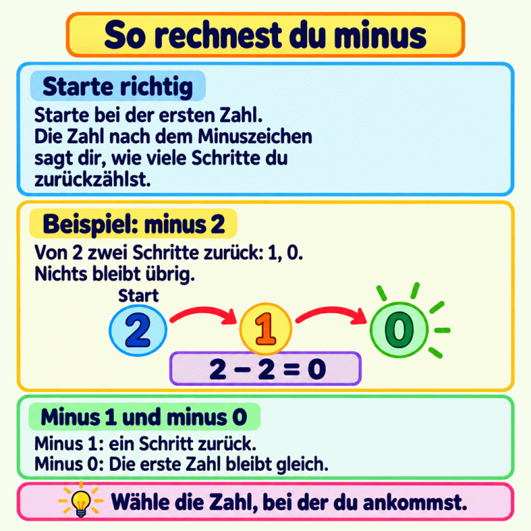 Anleitung zum Minusrechnen: Starte bei der ersten Zahl und zähle so viele Schritte zurück, wie die Zahl nach dem Minuszeichen angibt. Das Beispiel zeigt zwei Schritte von 2 über 1 zu 0 und die Rechnung 2 − 2 = 0. Nichts bleibt übrig. Bei minus 1 geht es einen Schritt zurück; bei minus 0 bleibt die erste Zahl gleich. Wähle die erreichte Zahl als Ergebnis. So rechnest du minus Starte richtig: Starte bei der ersten Zahl. Die Zahl nach dem Minuszeichen sagt dir, wie viele Schritte du zurückzählst. Beispiel: minus 2: Von 2 zwei Schritte zurück: 1, 0. Nichts bleibt übrig. Minus 1 und minus 0: Minus 1: ein Schritt zurück. Minus 0: Die erste Zahl bleibt gleich. Wähle die Zahl, bei der du ankommst. 2 1 Start 2 − 2 = 0