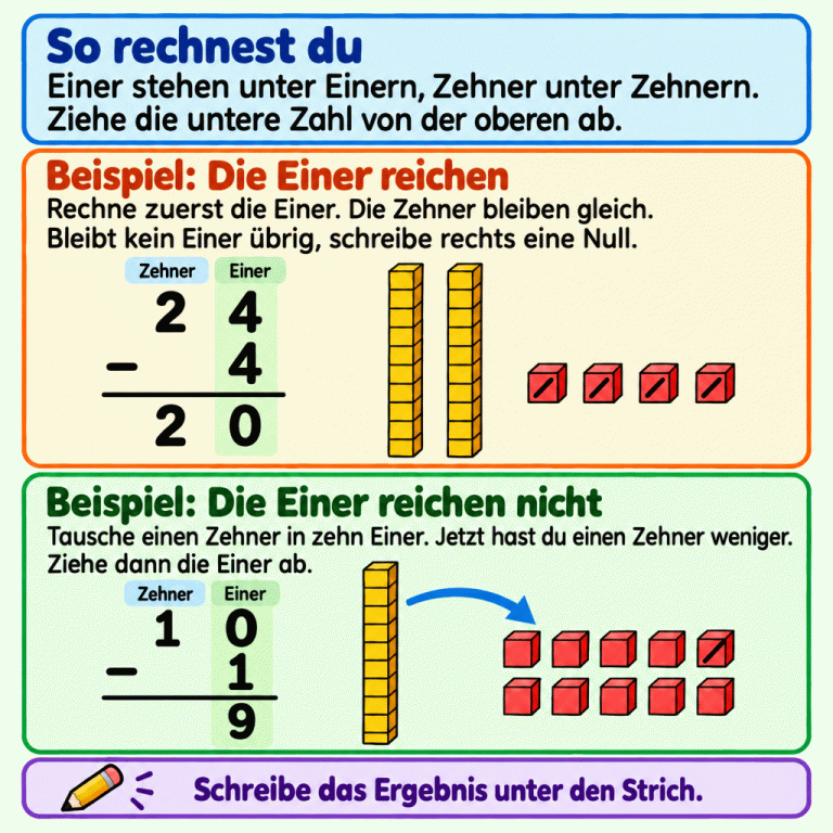 Zwei Beispiele erklären das Minusrechnen untereinander. Bei 24 minus 4 werden vier Einer weggenommen. Zwei Zehner bleiben: Das Ergebnis ist 20. Bei 10 minus 1 wird ein Zehner in zehn Einer getauscht. Ein Einer wird weggenommen, neun bleiben. Die Zahlen stehen nach Zehnern und Einern geordnet; jedes Ergebnis steht unter dem Rechenstrich. So rechnest du: Einer stehen unter Einern, Zehner unter Zehnern. Ziehe die untere Zahl von der oberen ab. Beispiel: Die Einer reichen: Rechne zuerst die Einer. Die Zehner bleiben gleich. Bleibt kein Einer übrig, schreibe rechts eine Null. Beispiel: Die Einer reichen nicht: Tausche einen Zehner in zehn Einer. Jetzt hast du einen Zehner weniger. Ziehe dann die Einer ab. Schreibe das Ergebnis unter den Strich. Zehner Einer 24 4 20 10 1 9 −