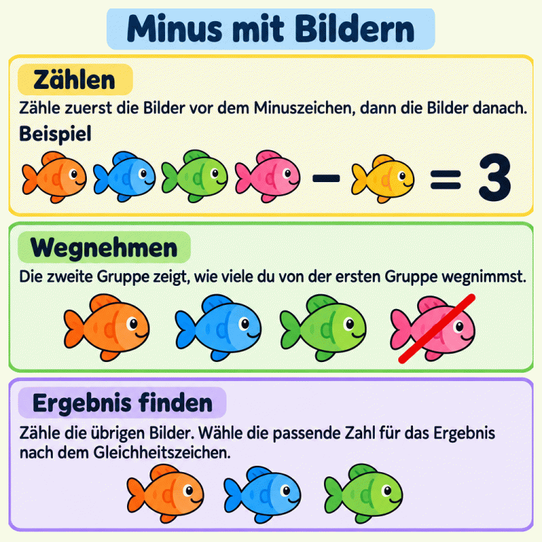 Minus mit Bildern: Zähle beide Bildgruppen einzeln. Die zweite Gruppe zeigt, wie viele du von der ersten wegnimmst. Das Beispiel zeigt vier Fische minus einen Fisch gleich drei. Darunter ist von vier Fischen einer gestrichen; drei bleiben übrig. Wähle die Zahl, die zur übrigen Anzahl passt. Minus mit Bildern Zählen: Zähle zuerst die Bilder vor dem Minuszeichen, dann die Bilder danach. Wegnehmen: Die zweite Gruppe zeigt, wie viele du von der ersten Gruppe wegnimmst. Ergebnis finden: Zähle die übrigen Bilder. Wähle die passende Zahl für das Ergebnis nach dem Gleichheitszeichen. Beispiel − = 3
