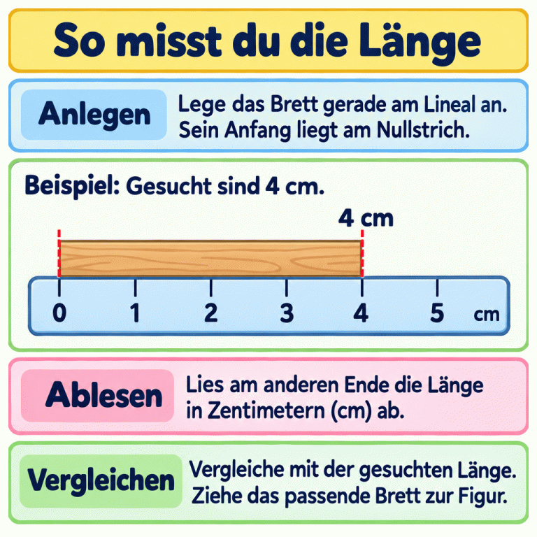 So misst du die Länge: Lege das Brett gerade am Lineal an und beginne am Nullstrich. Im Beispiel sind 4 cm gesucht. Das Brett reicht auf der Zentimeterskala von 0 bis 4 und ist deshalb 4 cm lang. Lies am anderen Ende ab, vergleiche mit der gesuchten Länge und ziehe das passende Brett zur Figur. So misst du die Länge Anlegen: Lege das Brett gerade am Lineal an. Sein Anfang liegt am Nullstrich. Ablesen: Lies am anderen Ende die Länge in Zentimetern (cm) ab. Vergleichen: Vergleiche mit der gesuchten Länge. Ziehe das passende Brett zur Figur. Beispiel: Gesucht sind 4 cm. 1 2 3 4 5 cm 4 cm