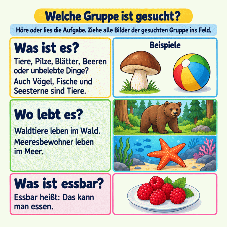 Merkkarte zum Sortieren nach der gesuchten Gruppe. Zuerst die Aufgabe hören oder lesen und alle passenden Bilder ins Feld ziehen. Drei Fragen helfen: Was ist es? Wo lebt es? Was ist essbar? Als Beispiele erscheinen ein Pilz, ein unbelebter Ball, ein Bär im Wald, ein Seestern im Meer und Himbeeren zum Essen. Auch Vögel, Fische und Seesterne gehören zu den Tieren. Entscheidend ist immer die Gruppe aus der jeweiligen Aufgabe. Welche Gruppe ist gesucht? Was ist es?: Tiere, Pilze, Blätter, Beeren oder unbelebte Dinge? Auch Vögel, Fische und Seesterne sind Tiere. Wo lebt es?: Waldtiere leben im Wald. Meeresbewohner leben im Meer. Was ist essbar?: Essbar heißt: Das kann man essen. Höre oder lies die Aufgabe. Ziehe alle Bilder der gesuchten Gruppe ins Feld. Beispiele