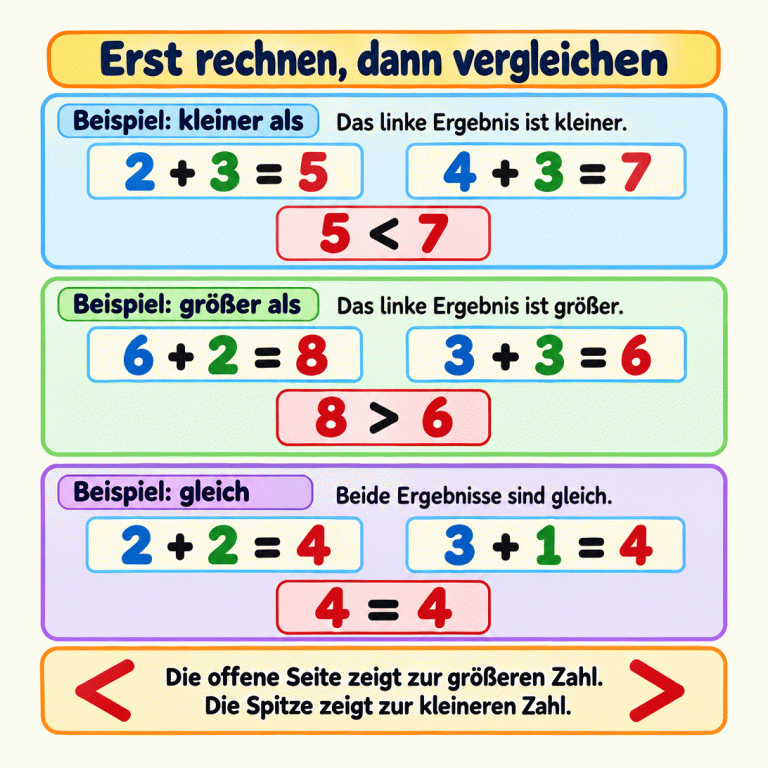 Erst rechnen, dann vergleichen. Drei Beispiele zeigen das Vorgehen: 2 plus 3 ergibt 5, 4 plus 3 ergibt 7; 5 ist kleiner als 7. 6 plus 2 ergibt 8, 3 plus 3 ergibt 6; 8 ist größer als 6. 2 plus 2 und 3 plus 1 ergeben beide 4; die Ergebnisse sind gleich. Bei den Ungleichheitszeichen zeigt die offene Seite zur größeren Zahl und die Spitze zur kleineren Zahl. Erst rechnen, dann vergleichen Beispiel: kleiner als: Das linke Ergebnis ist kleiner. Beispiel: größer als: Das linke Ergebnis ist größer. Beispiel: gleich: Beide Ergebnisse sind gleich. Die offene Seite zeigt zur größeren Zahl. Die Spitze zeigt zur kleineren Zahl. 2 + 3 = 5 4 + 3 = 7 5 < 7 6 + 2 = 8 3 + 3 = 6 8 > 6 2 + 2 = 4 3 + 1 = 4 4 = 4 < >