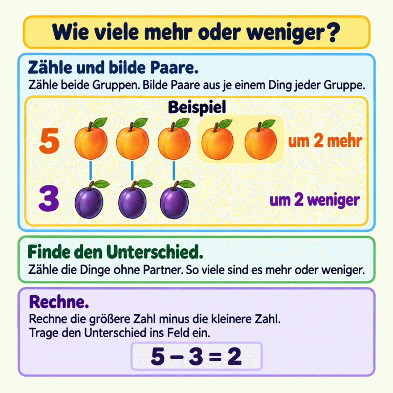 Ein Beispiel zeigt fünf Aprikosen und drei Pflaumen. Drei Paare bestehen jeweils aus einer Aprikose und einer Pflaume. Zwei Aprikosen bleiben ohne Partner. Es gibt also um zwei Aprikosen mehr als Pflaumen und um zwei Pflaumen weniger als Aprikosen. Die Rechnung lautet: fünf minus drei gleich zwei. Zähle beide Gruppen, finde den Unterschied und trage ihn ins Feld ein. Wie viele mehr oder weniger? Zähle und bilde Paare.: Zähle beide Gruppen. Bilde Paare aus je einem Ding jeder Gruppe. Finde den Unterschied.: Zähle die Dinge ohne Partner. So viele sind es mehr oder weniger. Rechne.: Rechne die größere Zahl minus die kleinere Zahl. Trage den Unterschied ins Feld ein. Beispiel 5 3 um 2 mehr um 2 weniger 5 − 3 = 2