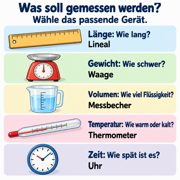 Was soll gemessen werden? Fünf Zuordnungen helfen bei der Gerätewahl: Ein Lineal misst Länge, eine Waage Gewicht und ein Messbecher das Volumen einer Flüssigkeit. Ein Thermometer zeigt die Temperatur. Eine Uhr zeigt die Uhrzeit. Was soll gemessen werden?: Wähle das passende Gerät. Länge: Wie lang? Lineal Gewicht: Wie schwer? Waage Volumen: Wie viel Flüssigkeit? Messbecher Temperatur: Wie warm oder kalt? Thermometer Zeit: Wie spät ist es? Uhr