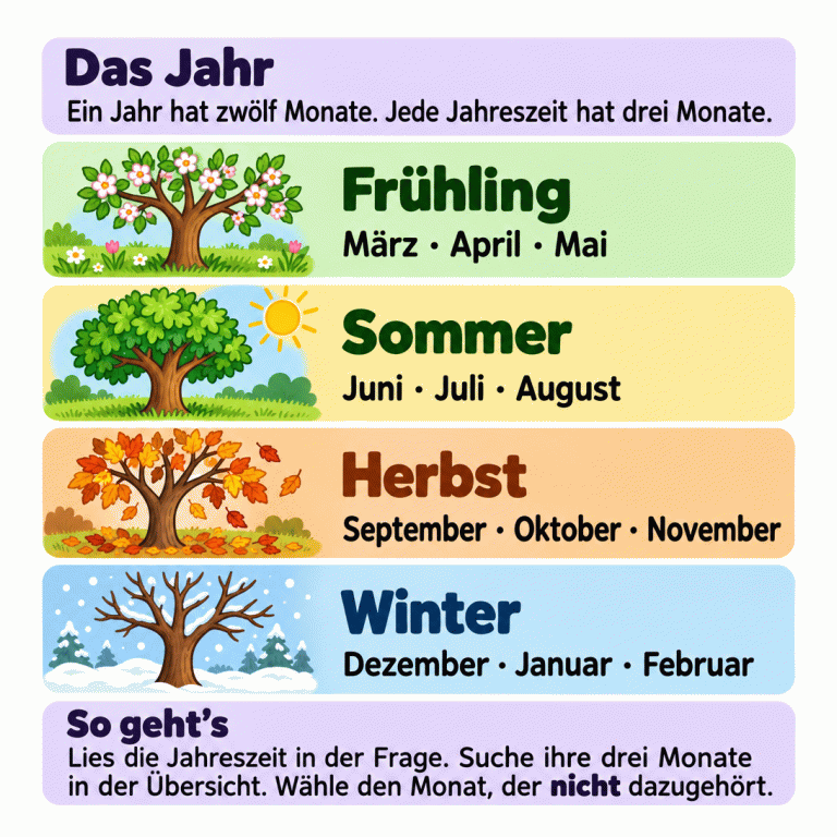 Übersicht der vier Jahreszeiten mit typischen Naturbildern und ihren Monaten: Frühling mit Blüten – März, April, Mai. Sommer mit belaubtem Baum und Sonne – Juni, Juli, August. Herbst mit fallenden Blättern – September, Oktober, November. Winter mit kahlem Baum und Schnee – Dezember, Januar, Februar. Ein Jahr hat zwölf Monate. Lies die Jahreszeit in der Frage, suche ihre drei Monate in der Übersicht und wähle den Monat, der nicht dazugehört. Das Jahr: Ein Jahr hat zwölf Monate. Jede Jahreszeit hat drei Monate. So geht’s: Lies die Jahreszeit in der Frage. Suche ihre drei Monate in der Übersicht. Wähle den Monat, der nicht dazugehört. Frühling März · April · Mai Sommer Juni · Juli · August Herbst September · Oktober · November Winter Dezember · Januar · Februar