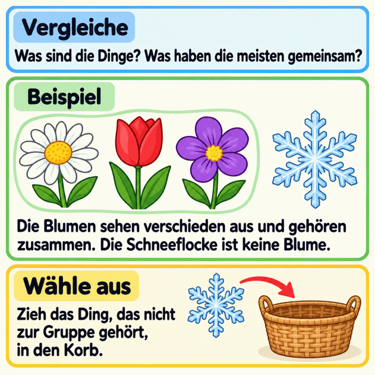 Drei verschieden aussehende Blumen gehören zu einer Gruppe. Eine Schneeflocke gehört nicht dazu, denn sie ist keine Blume. Ein Pfeil zeigt von ihr zu einem Korb. Vergleiche zuerst die Dinge und finde ihre Gemeinsamkeit. Ziehe dann das Ding, das nicht zur Gruppe gehört, in den Korb. Vergleiche: Was sind die Dinge? Was haben die meisten gemeinsam? Beispiel: Die Blumen sehen verschieden aus und gehören zusammen. Die Schneeflocke ist keine Blume. Wähle aus: Zieh das Ding, das nicht zur Gruppe gehört, in den Korb.