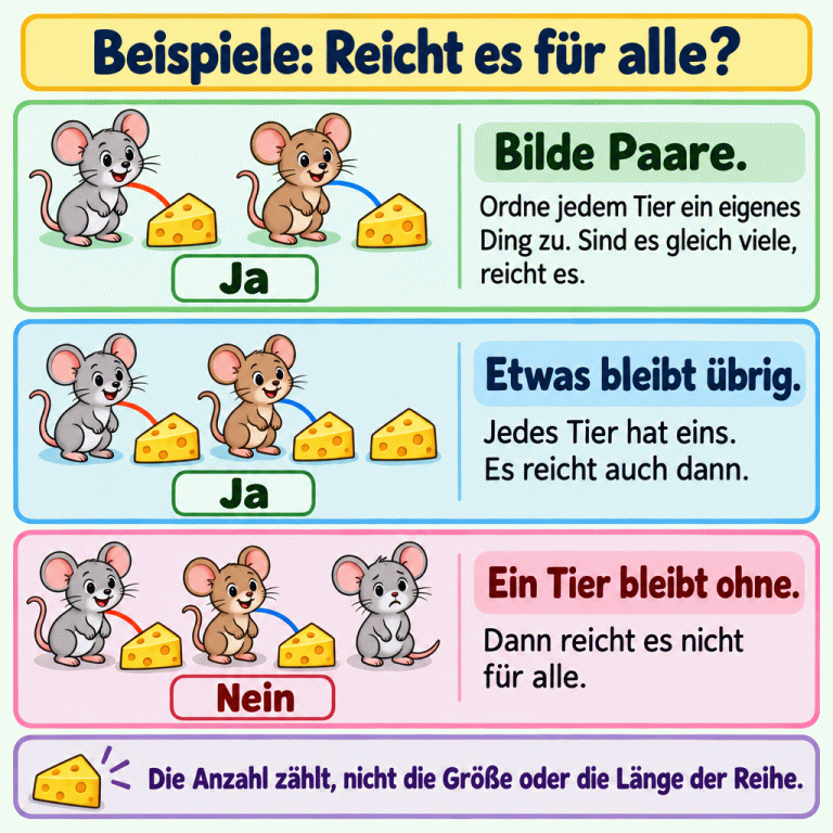 Drei Beispiele zeigen, wie man Paare bildet. Zwei Mäuse und zwei Käsestücke: Jede Maus bekommt ein eigenes Stück, also Ja. Zwei Mäuse und drei Käsestücke: Ein Stück bleibt übrig, trotzdem Ja. Drei Mäuse und zwei Käsestücke: Eine Maus bleibt ohne, also Nein. Entscheidend ist die Anzahl, nicht die Größe der Bilder oder die Länge der Reihe. Beispiele: Reicht es für alle? Bilde Paare.: Ordne jedem Tier ein eigenes Ding zu. Sind es gleich viele, reicht es. Etwas bleibt übrig.: Jedes Tier hat eins. Es reicht auch dann. Ein Tier bleibt ohne.: Dann reicht es nicht für alle. Die Anzahl zählt, nicht die Größe oder die Länge der Reihe. Ja Nein