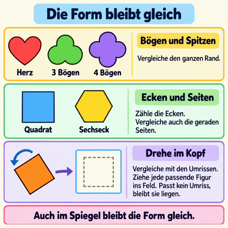 Die Lernkarte erklärt das Zuordnen von Formen trotz Drehung. Ein Herz sowie Formen mit drei und vier großen runden Bögen zeigen Unterschiede am Außenrand. Quadrat und Sechseck veranschaulichen den Vergleich von Ecken und geraden Seiten. Ein gedrehtes Quadrat passt weiterhin zum quadratischen Umriss. Passende Figuren werden ins entsprechende Feld gezogen; passt kein Umriss, bleiben sie liegen. Auch im Spiegel bleibt die Form gleich. Die Form bleibt gleich Bögen und Spitzen: Vergleiche den ganzen Rand. Ecken und Seiten: Zähle die Ecken. Vergleiche auch die geraden Seiten. Drehe im Kopf: Vergleiche mit den Umrissen. Ziehe jede passende Figur ins Feld. Passt kein Umriss, bleibt sie liegen. Auch im Spiegel bleibt die Form gleich. Herz 3 Bögen 4 Bögen Quadrat Sechseck
