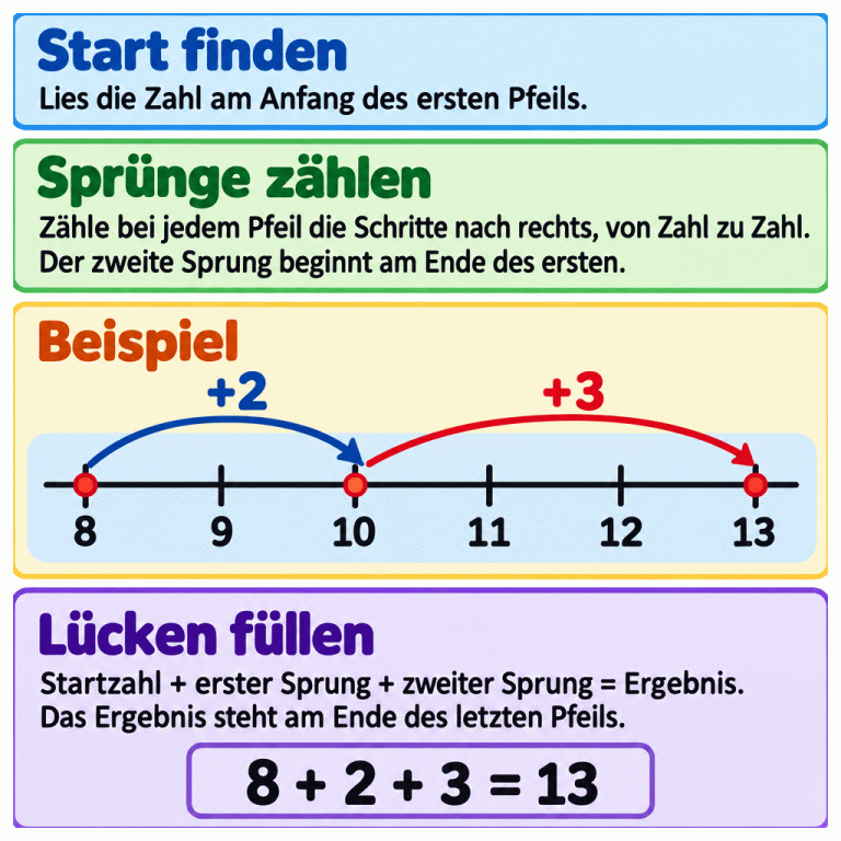 Ein Beispiel zeigt eine Zahlenlinie von 8 bis 13. Der erste Pfeil führt mit plus 2 von 8 nach 10. Dort beginnt der zweite Pfeil: Mit plus 3 geht es weiter bis 13. Darunter steht die passende Rechnung: 8 + 2 + 3 = 13. Die Anleitung erklärt, wie du Startzahl, Sprungzahlen und Ergebnis abliest und damit die Lücken füllst. Start finden: Lies die Zahl am Anfang des ersten Pfeils. Sprünge zählen: Zähle bei jedem Pfeil die Schritte nach rechts, von Zahl zu Zahl. Der zweite Sprung beginnt am Ende des ersten. Lücken füllen: Startzahl + erster Sprung + zweiter Sprung = Ergebnis. Das Ergebnis steht am Ende des letzten Pfeils. Beispiel 8 9 10 11 12 13 +2 +3 8 + 2 + 3 = 13