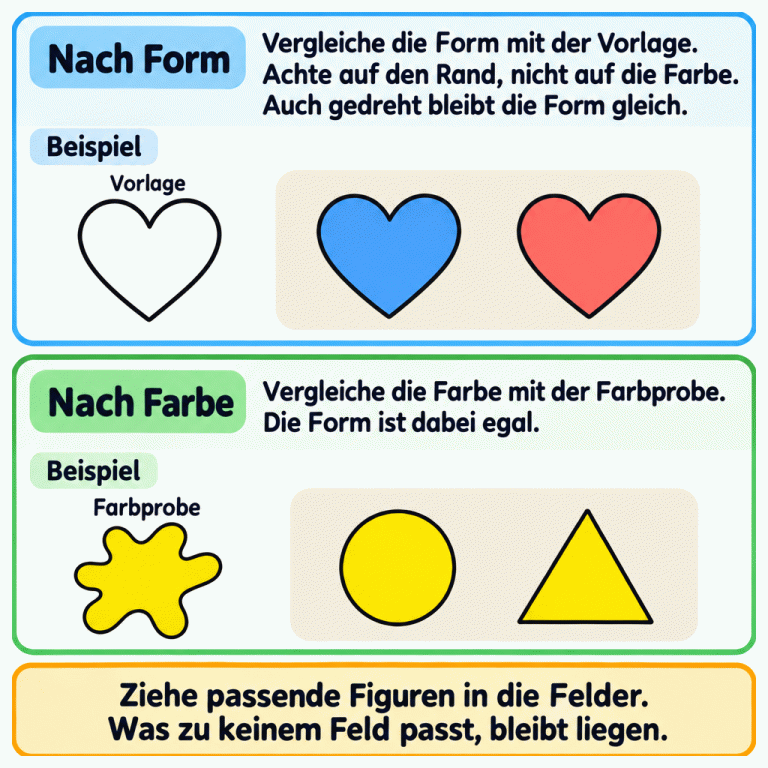 Zwei Sortierbeispiele: Zur Herzvorlage passen zwei Herzen mit unterschiedlichen Farben. Zur gelben Farbprobe passen ein gelber Kreis und ein gelbes Dreieck. Beim Sortieren nach Form ist die Farbe egal. Beim Sortieren nach Farbe ist die Form egal. Auch gedreht bleibt eine Form gleich. Nach Form: Vergleiche die Form mit der Vorlage. Achte auf den Rand, nicht auf die Farbe. Auch gedreht bleibt die Form gleich. Nach Farbe: Vergleiche die Farbe mit der Farbprobe. Die Form ist dabei egal. Ziehe passende Figuren in die Felder. Was zu keinem Feld passt, bleibt liegen. Beispiel Vorlage Farbprobe