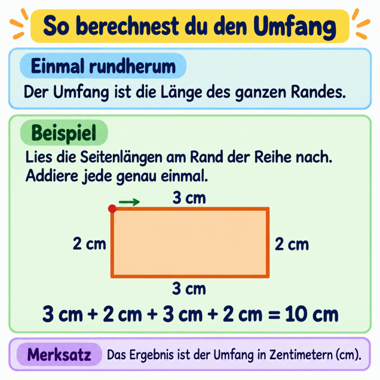 Der Umfang ist die Länge des ganzen Randes. Lies die Seitenlängen der Reihe nach und addiere jede genau einmal. Ein Rechteck dient als Beispiel: Zwei Seiten sind jeweils 3 cm lang, die beiden anderen jeweils 2 cm. Die Rechnung lautet: 3 cm + 2 cm + 3 cm + 2 cm = 10 cm. Der Umfang dieses Beispiels beträgt 10 cm. So berechnest du den Umfang Einmal rundherum: Der Umfang ist die Länge des ganzen Randes. Beispiel: Lies die Seitenlängen am Rand der Reihe nach. Addiere jede genau einmal. Das Ergebnis ist der Umfang in Zentimetern (cm). 3 cm 2 cm 3 cm + 2 cm + 3 cm + 2 cm = 10 cm Merksatz
