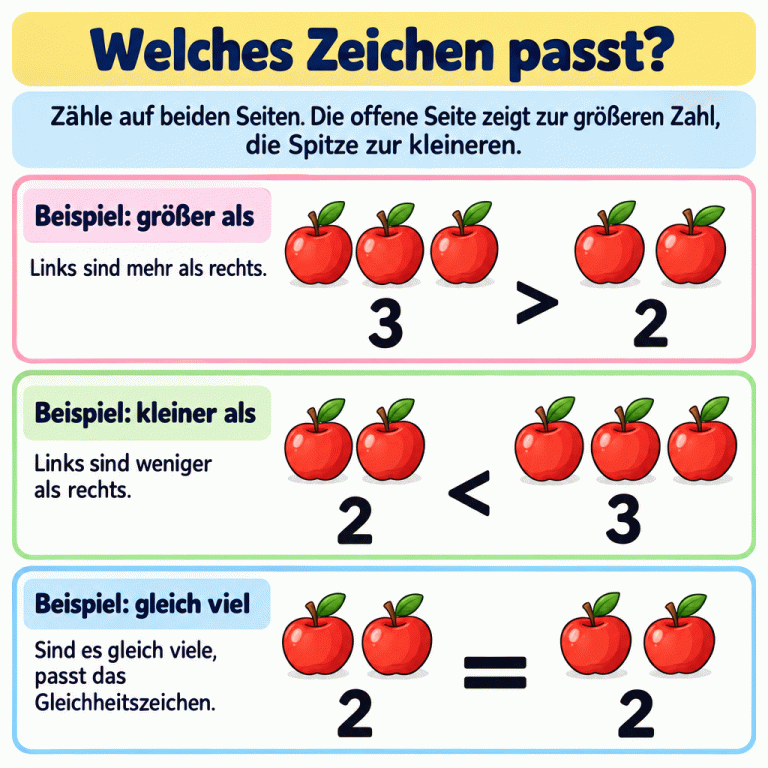 Zähle auf beiden Seiten und vergleiche die Anzahlen. Drei Beispiele mit Äpfeln zeigen: 3 > 2, drei sind mehr als zwei. 2 < 3, zwei sind weniger als drei. 2 = 2, auf beiden Seiten sind gleich viele. Die offene Seite des Ungleichheitszeichens zeigt zur größeren Zahl, die Spitze zur kleineren. Welches Zeichen passt? Beispiel: größer als: Links sind mehr als rechts. Beispiel: kleiner als: Links sind weniger als rechts. Beispiel: gleich viel: Sind es gleich viele, passt das Gleichheitszeichen. Zähle auf beiden Seiten. Die offene Seite zeigt zur größeren Zahl, die Spitze zur kleineren. 3 2 > < =