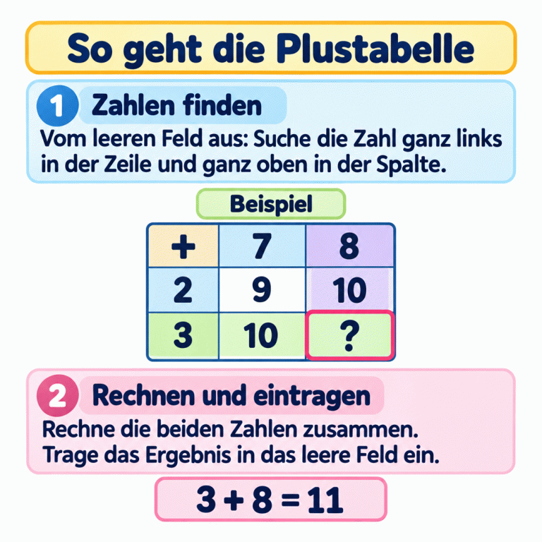 Eine kleine Plustabelle als Beispiel. Oben stehen 7 und 8, links 2 und 3. Die erste Ergebniszeile enthält 9 und 10, die zweite 10 und ein Fragezeichen. Vom Fragezeichen führt die Zeile zur Randzahl 3 und die Spalte zur Randzahl 8. Die Rechnung darunter zeigt: 3 plus 8 ist 11. Die 11 gehört in das Feld mit dem Fragezeichen. So geht die Plustabelle Zahlen finden: Vom leeren Feld aus: Suche die Zahl ganz links in der Zeile und ganz oben in der Spalte. Rechnen und eintragen: Rechne die beiden Zahlen zusammen. Trage das Ergebnis in das leere Feld ein. Beispiel + 7 8 2 3 9 10 ? 3 + 8 = 11 1 2