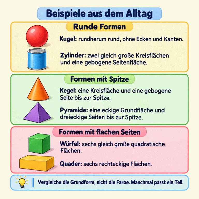 Sechs Beispiele zeigen Körperformen im Alltag: ein Ball als Kugel, eine Dose als Zylinder, Spielbausteine als Kegel, Pyramide und Würfel sowie eine Schachtel als Quader. Daneben werden ihre runden oder flachen Flächen, Ecken, Kanten und Spitzen beschrieben. Verglichen wird die Grundform, nicht die Farbe. Manchmal zeigt ein Teil des Gegenstands die gesuchte Form. Beispiele aus dem Alltag Runde Formen: Kugel: rundherum rund, ohne Ecken und Kanten.
Zylinder: zwei gleich große Kreisflächen und eine gebogene Seitenfläche. Formen mit Spitze: Kegel: eine Kreisfläche und eine gebogene Seite bis zur Spitze.
Pyramide: eine eckige Grundfläche und dreieckige Seiten bis zur Spitze. Formen mit flachen Seiten: Würfel: sechs gleich große quadratische Flächen.
Quader: sechs rechteckige Flächen. Vergleiche die Grundform, nicht die Farbe. Manchmal passt ein Teil.