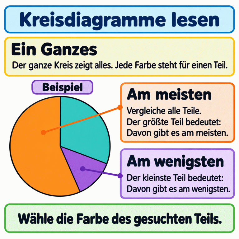 Ein Kreisdiagramm als Beispiel: Der ganze Kreis zeigt alles. Er besteht aus einem großen orangefarbenen, einem mittelgroßen türkisfarbenen und einem kleinen violetten Teil. Der größte Teil bedeutet „am meisten“, der kleinste „am wenigsten“. Vergleiche alle Teile und wähle je nach Frage die Farbe des größten oder kleinsten Teils. Kreisdiagramme lesen Ein Ganzes: Der ganze Kreis zeigt alles. Jede Farbe steht für einen Teil. Am meisten: Vergleiche alle Teile. Der größte Teil bedeutet: Davon gibt es am meisten. Am wenigsten: Der kleinste Teil bedeutet: Davon gibt es am wenigsten. Wähle die Farbe des gesuchten Teils. Beispiel