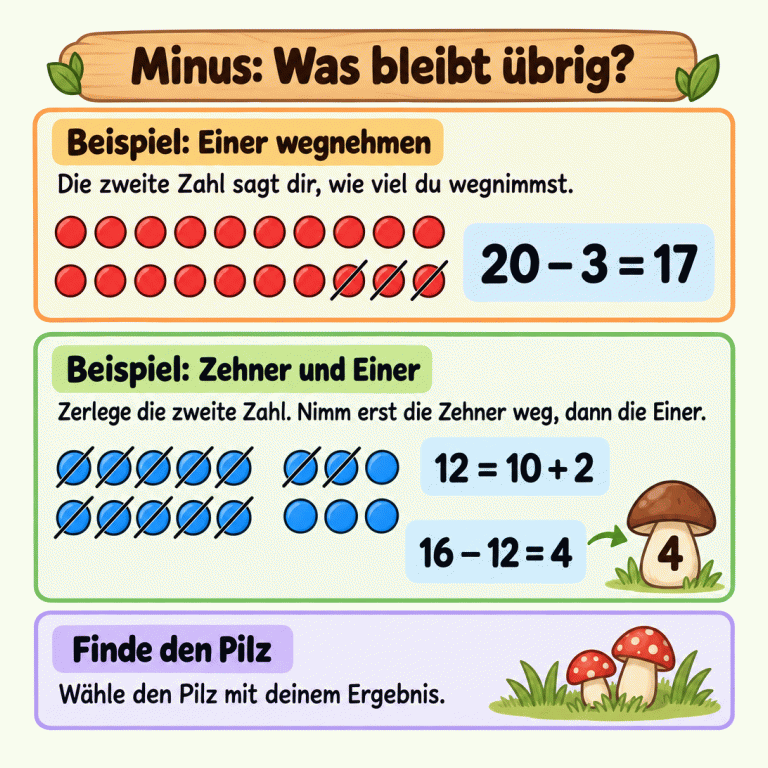 Minus bedeutet wegnehmen. Im ersten Lehrbeispiel sind von zwanzig Punkten drei durchgestrichen. Siebzehn bleiben: zwanzig minus drei ist siebzehn. Im zweiten Beispiel wird zwölf in zehn und zwei zerlegt. Von sechzehn Punkten werden zuerst zehn und dann zwei weggenommen. Vier bleiben. Der zugehörige Pilz trägt deshalb die Zahl vier. Bei jeder Aufgabe wählst du den Pilz mit deinem eigenen Rechenergebnis. Minus: Was bleibt übrig? Beispiel: Einer wegnehmen: Die zweite Zahl sagt dir, wie viel du wegnimmst. Beispiel: Zehner und Einer: Zerlege die zweite Zahl. Nimm erst die Zehner weg, dann die Einer. Finde den Pilz: Wähle den Pilz mit deinem Ergebnis. 20 − 3 = 17 12 = 10 + 2 16 − 12 = 4 4