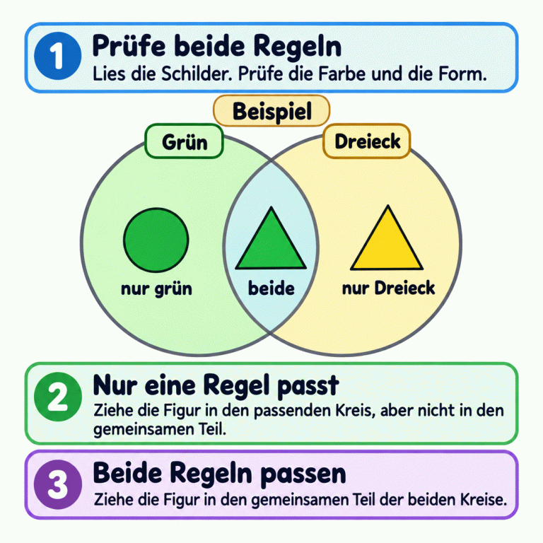 Eine Erklärung zum Sortieren nach Farbe und Form. Im Beispiel überlappen sich die Kreise Grün und Dreieck. Ein grüner Kreis liegt nur im Grün-Kreis, ein gelbes Dreieck nur im Dreieck-Kreis. Ein grünes Dreieck liegt im gemeinsamen Teil, weil beide Regeln passen. Die Anleitung fordert dazu auf, beide Schilder zu lesen und beide Eigenschaften zu prüfen. Prüfe beide Regeln: Lies die Schilder. Prüfe die Farbe und die Form. Nur eine Regel passt: Ziehe die Figur in den passenden Kreis, aber nicht in den gemeinsamen Teil. Beide Regeln passen: Ziehe die Figur in den gemeinsamen Teil der beiden Kreise. Beispiel Grün Dreieck nur grün beide nur Dreieck 1 2 3