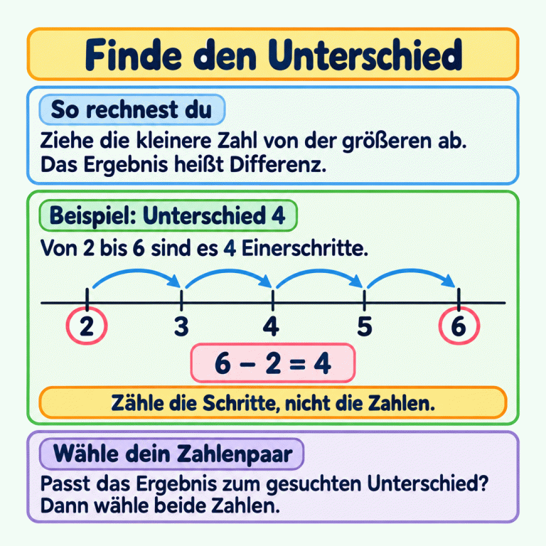 Finde den Unterschied: Ziehe die kleinere Zahl von der größeren ab. Das Ergebnis heißt Differenz. Im Beispiel ist der Unterschied 4 gesucht. Der Zahlenstrahlausschnitt zeigt 2, 3, 4, 5 und 6. Von 2 bis 6 sind es vier Einerschritte. Dazu passt die Rechnung 6 minus 2 gleich 4. Zähle die Schritte, nicht die Zahlen. Passt das Ergebnis zum gesuchten Unterschied, wähle beide Zahlen. Finde den Unterschied So rechnest du: Ziehe die kleinere Zahl von der größeren ab. Das Ergebnis heißt Differenz. Beispiel: Unterschied 4: Von 2 bis 6 sind es 4 Einerschritte. Wähle dein Zahlenpaar: Passt das Ergebnis zum gesuchten Unterschied? Dann wähle beide Zahlen. Zähle die Schritte, nicht die Zahlen. 2 3 4 5 6 6 − 2 = 4