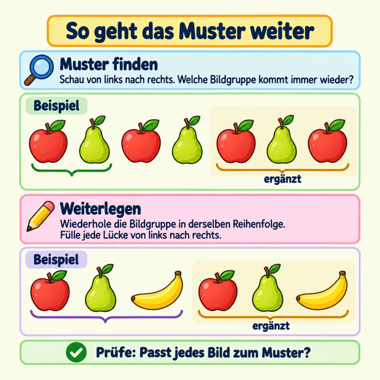 Zwei Beispiele zeigen, wie Bildermuster weitergehen. Im ersten Beispiel stehen Apfel und Birne abwechselnd: Apfel, Birne, Apfel, Birne. Ergänzt werden Apfel, Birne, Apfel. Im zweiten Beispiel folgt auf Apfel, Birne, Banane erneut Apfel, Birne, Banane. Klammern markieren die erste Bildgruppe; die ergänzten Bilder sind hinterlegt. Die Anleitung erklärt: von links nach rechts schauen, die Bildgruppe in derselben Reihenfolge wiederholen und das Muster prüfen. So geht das Muster weiter Muster finden: Schau von links nach rechts. Welche Bildgruppe kommt immer wieder? Weiterlegen: Wiederhole die Bildgruppe in derselben Reihenfolge. Fülle jede Lücke von links nach rechts. Prüfe: Passt jedes Bild zum Muster? Beispiel ergänzt ✓