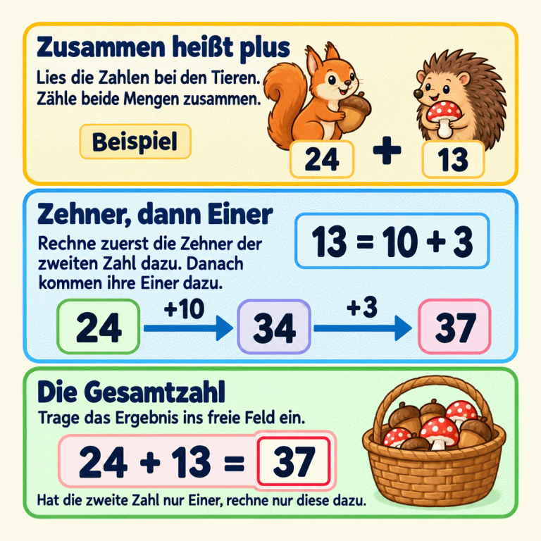 So zählst du die Mengen der Tiere zusammen: Im Beispiel hat ein Eichhörnchen 24 Dinge und ein Igel 13 Dinge gesammelt. 13 besteht aus 10 und 3. Rechne zuerst 24 plus 10 gleich 34, dann 34 plus 3 gleich 37. Zusammen sind es 37. Diese Gesamtzahl kommt ins freie Feld. Hat die zweite Zahl nur Einer, entfällt der Zehnerschritt. Zusammen heißt plus: Lies die Zahlen bei den Tieren. Zähle beide Mengen zusammen. Zehner, dann Einer: Rechne zuerst die Zehner der zweiten Zahl dazu. Danach kommen ihre Einer dazu. Die Gesamtzahl: Trage das Ergebnis ins freie Feld ein. Hat die zweite Zahl nur Einer, rechne nur diese dazu. Beispiel 24 13 + 13 = 10 + 3 +10 34 +3 37 24 + 13 = 37
