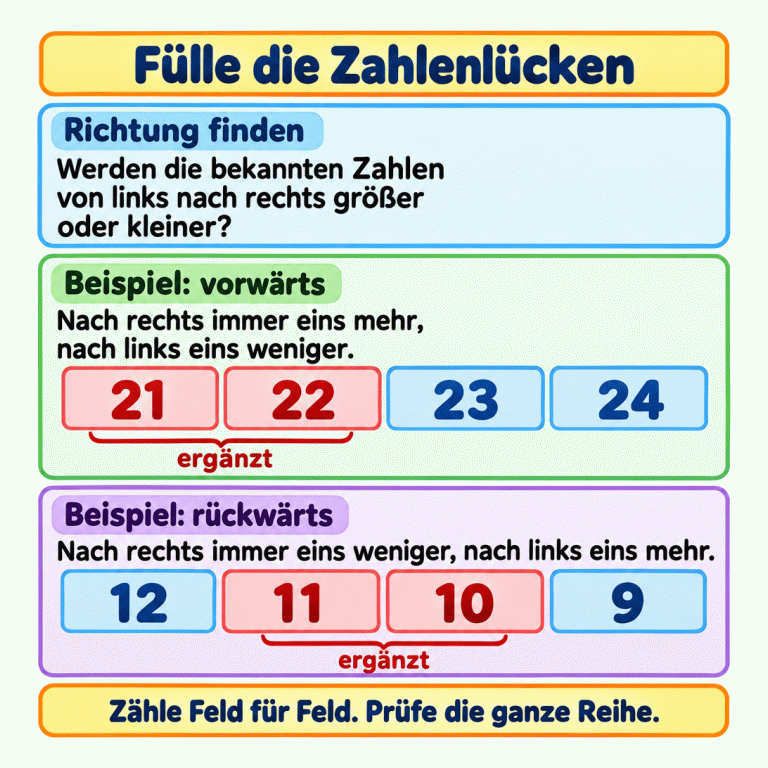 Zwei Beispiele zeigen das Ergänzen von Zahlenreihen. Vorwärts: 21, 22, 23, 24. Die Zahlen 21 und 22 wurden ergänzt. Nach rechts wird jede Zahl um eins größer, nach links um eins kleiner. Rückwärts: 12, 11, 10, 9. Die Zahlen 11 und 10 wurden ergänzt. Nach rechts wird jede Zahl um eins kleiner, nach links um eins größer. Vergleiche die bekannten Zahlen, zähle Feld für Feld und prüfe die ganze Reihe. Fülle die Zahlenlücken Richtung finden: Werden die bekannten Zahlen von links nach rechts größer oder kleiner? Beispiel: vorwärts: Nach rechts immer eins mehr, nach links eins weniger. Beispiel: rückwärts: Nach rechts immer eins weniger, nach links eins mehr. Zähle Feld für Feld. Prüfe die ganze Reihe. 21 22 23 24 12 11 10 9 ergänzt