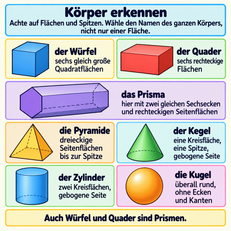 Körper erkennen: Achte auf Flächen und Spitzen und benenne den ganzen Körper, nicht nur eine Fläche. Sieben beschriftete Beispiele zeigen einen Würfel mit sechs gleich großen Quadratflächen, einen Quader mit sechs rechteckigen Flächen und ein Prisma, hier mit zwei gleichen Sechsecken und rechteckigen Seitenflächen. Bei der Pyramide treffen dreieckige Seitenflächen an einer Spitze zusammen. Der Kegel hat eine Kreisfläche, eine Spitze und eine gebogene Seite. Der Zylinder hat zwei Kreisflächen und eine gebogene Seite. Die Kugel ist überall rund und hat keine Ecken oder Kanten. Auch Würfel und Quader sind Prismen. Körper erkennen: Achte auf Flächen und Spitzen. Wähle den Namen des ganzen Körpers, nicht nur einer Fläche. Auch Würfel und Quader sind Prismen. der Würfel
sechs gleich große
Quadratflächen der Quader
sechs rechteckige
Flächen das Prisma
hier mit zwei gleichen Sechsecken
und rechteckigen Seitenflächen die Pyramide
dreieckige Seitenflächen
bis zur Spitze der Kegel
eine Kreisfläche,
eine Spitze,
gebogene Seite der Zylinder
zwei Kreisflächen,
gebogene Seite die Kugel
überall rund,
ohne Ecken
und Kanten