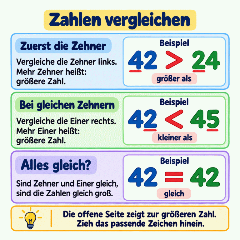 Zahlen vergleichen: Vergleiche zuerst die Zehner links. Im Beispiel ist 42 größer als 24. Sind die Zehner gleich, vergleiche die Einer rechts: 42 ist kleiner als 45. Sind Zehner und Einer gleich, sind die Zahlen gleich groß: 42 ist gleich 42. Die offene Seite des Ungleichheitszeichens zeigt immer zur größeren Zahl. Zieh das passende Zeichen zwischen die Zahlen. Zahlen vergleichen Zuerst die Zehner: Vergleiche die Zehner links. Mehr Zehner heißt: größere Zahl. Bei gleichen Zehnern: Vergleiche die Einer rechts. Mehr Einer heißt: größere Zahl. Alles gleich?: Sind Zehner und Einer gleich, sind die Zahlen gleich groß. Die offene Seite zeigt zur größeren Zahl. Zieh das passende Zeichen hinein. Beispiel 42 24 45 > < = größer als kleiner als gleich