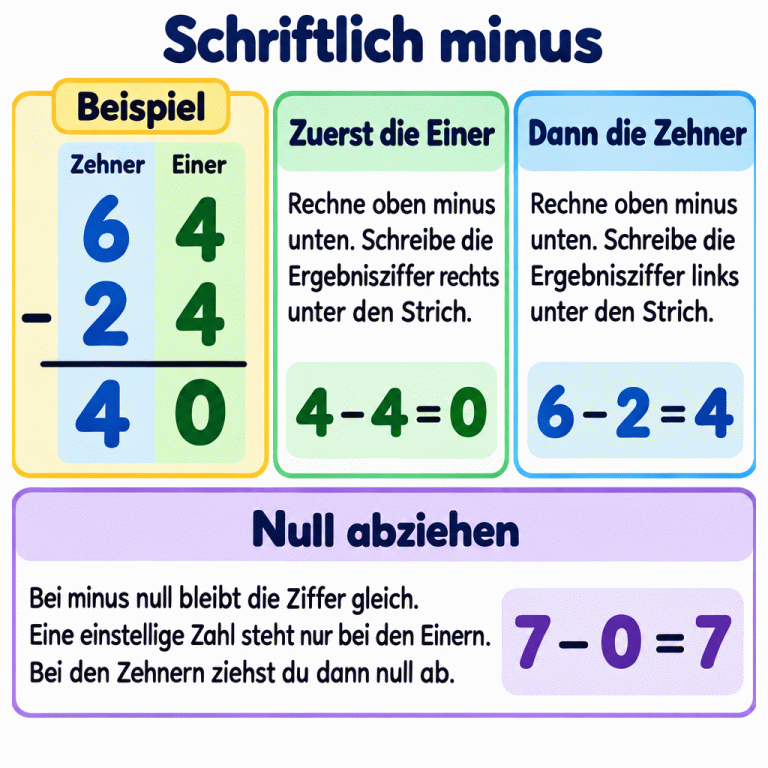 Schriftlich minus: Im Beispiel steht 64 über 24, davor ein Minuszeichen. Unter dem Rechenstrich steht 40. Zehner und Einer stehen jeweils untereinander. Zuerst werden die Einer gerechnet: vier minus vier ist null. Danach folgen die Zehner: sechs minus zwei ist vier. Jede Ergebnisziffer steht in ihrer Spalte unter dem Strich. Beim Abziehen von null bleibt die Ziffer gleich, zum Beispiel sieben minus null ist sieben. Eine einstellige Zahl steht nur bei den Einern; bei den Zehnern wird dann null abgezogen. Schriftlich minus Zuerst die Einer: Rechne oben minus unten. Schreibe die Ergebnisziffer rechts unter den Strich. Dann die Zehner: Rechne oben minus unten. Schreibe die Ergebnisziffer links unter den Strich. Null abziehen: Bei minus null bleibt die Ziffer gleich. Eine einstellige Zahl steht nur bei den Einern. Bei den Zehnern ziehst du dann null ab. Beispiel Zehner Einer 6 4 2 − 4 − 4 = 0 6 − 2 = 4 7 − 0 = 7