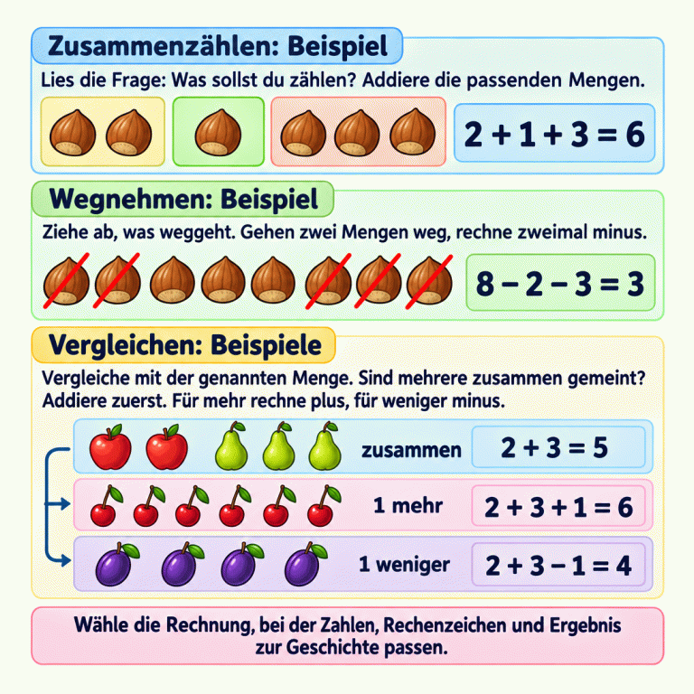 Drei illustrierte Beispiele erklären passende Rechnungen zu Rechengeschichten. Beim Zusammenzählen ergeben Gruppen mit zwei, einer und drei Nüssen insgesamt sechs. Beim Wegnehmen werden von acht Nüssen zuerst zwei und dann drei gestrichen; drei bleiben übrig. Beim Vergleichen ergeben zwei und drei Gegenstände zunächst eine Bezugsmenge von fünf. Ein Gegenstand mehr ergibt sechs, ein Gegenstand weniger ergibt vier. Beide Vergleiche beziehen sich auf dieselbe Bezugsmenge. Zum Schluss sollen Zahlen, Rechenzeichen und Ergebnis der gewählten Rechnung zur Geschichte passen. Zusammenzählen: Beispiel: Lies die Frage: Was sollst du zählen? Addiere die passenden Mengen. Wegnehmen: Beispiel: Ziehe ab, was weggeht. Gehen zwei Mengen weg, rechne zweimal minus. Vergleichen: Beispiele: Vergleiche mit der genannten Menge. Sind mehrere zusammen gemeint? Addiere zuerst. Für mehr rechne plus, für weniger minus. Wähle die Rechnung, bei der Zahlen, Rechenzeichen und Ergebnis zur Geschichte passen. 2 + 1 + 3 = 6 8 − 2 − 3 = 3 zusammen 2 + 3 = 5 1 mehr 2 + 3 + 1 = 6 1 weniger 2 + 3 − 1 = 4