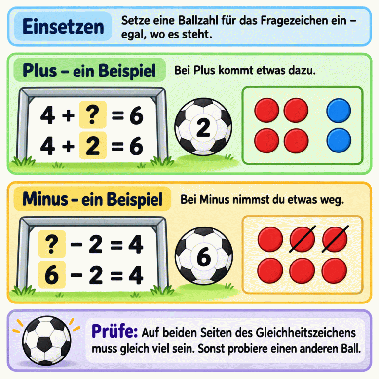 So prüfst du eine Ballzahl: Setze sie für das Fragezeichen ein und rechne nach. Plusbeispiel: Aus 4 + ? = 6 wird mit dem Ball 2 die richtige Aufgabe 4 + 2 = 6. Vier und zwei Plättchen ergeben zusammen sechs. Minusbeispiel: Aus ? − 2 = 4 wird mit dem Ball 6 die richtige Aufgabe 6 − 2 = 4. Von sechs Plättchen sind zwei durchgestrichen, vier bleiben übrig. Auf beiden Seiten des Gleichheitszeichens muss gleich viel sein. Sonst probierst du einen anderen Ball. Einsetzen: Setze eine Ballzahl für das Fragezeichen ein – egal, wo es steht. Plus – ein Beispiel: Bei Plus kommt etwas dazu. Minus – ein Beispiel: Bei Minus nimmst du etwas weg. Prüfe: Auf beiden Seiten des Gleichheitszeichens muss gleich viel sein. Sonst probiere einen anderen Ball. 4 + ? = 6 2 4 + 2 = 6 ? − 2 = 4 6 6 − 2 = 4