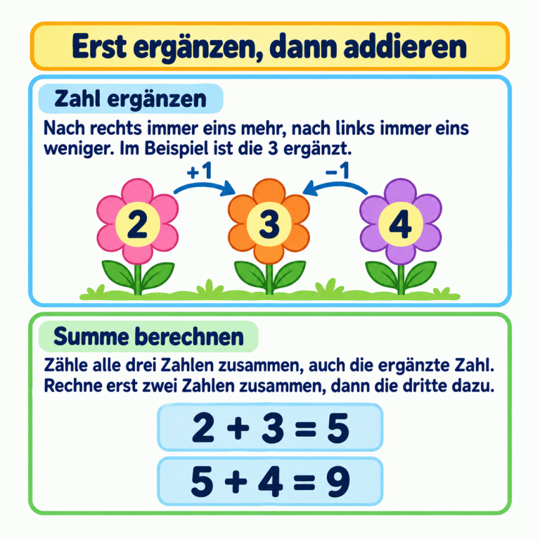 Erst ergänzen, dann addieren. Nach rechts wird jede Zahl um eins größer, nach links um eins kleiner. Drei Blumen zeigen das Beispiel 2, 3, 4. Die mittlere 3 ist bereits ergänzt. Von 2 aus ergibt ein Schritt nach rechts die 3; von 4 aus ergibt ein Schritt nach links ebenfalls die 3. Anschließend werden alle drei Zahlen addiert: 2 plus 3 ist 5, danach 5 plus 4 ist 9. Erst ergänzen, dann addieren Zahl ergänzen: Nach rechts immer eins mehr, nach links immer eins weniger. Im Beispiel ist die 3 ergänzt. Summe berechnen: Zähle alle drei Zahlen zusammen, auch die ergänzte Zahl. Rechne erst zwei Zahlen zusammen, dann die dritte dazu. 2 3 4 +1 −1 2 + 3 = 5 5 + 4 = 9