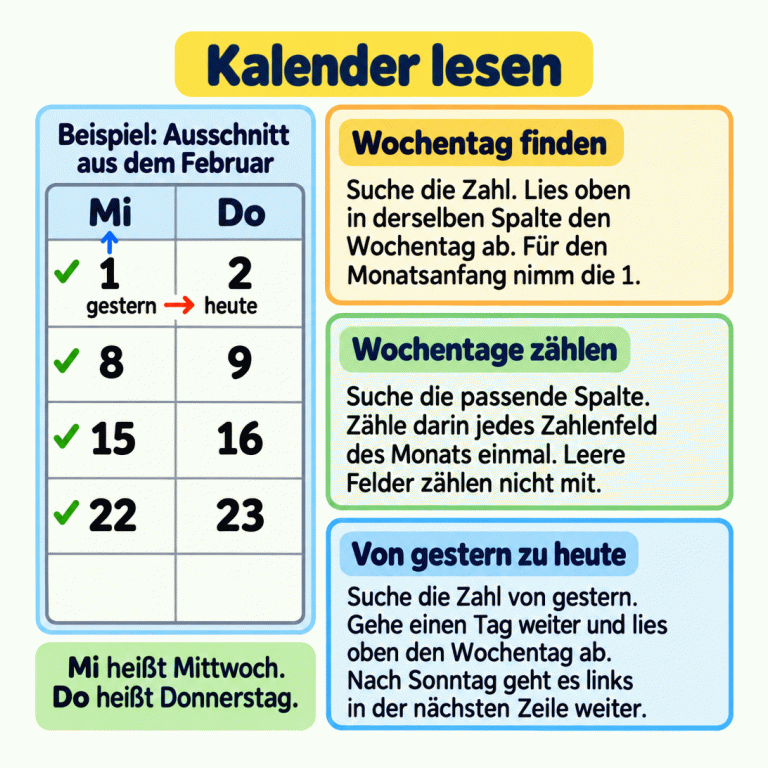 Eine Lernkarte erklärt drei Wege im Kalender: den Wochentag über einer Zahl ablesen, die belegten Felder einer Wochentagsspalte zählen und von gestern einen Tag zu heute weitergehen. Ein ausdrücklich gekennzeichneter Februar-Ausschnitt zeigt unter Mi die Zahlen 1, 8, 15 und 22, unter Do die Zahlen 2, 9, 16 und 23. Darunter bleiben zwei Felder leer. Vier Haken markieren die Mittwoche einzeln. Ein Hinweis führt von der 1 zum Spaltenkopf Mi. Gestern und heute sind beispielhaft der 1 und der 2 zugeordnet. Der Text erklärt außerdem: Für den Monatsanfang sucht man die 1; nach Sonntag geht es links in der nächsten Zeile weiter. Kalender lesen Wochentag finden: Suche die Zahl. Lies oben in derselben Spalte den Wochentag ab. Für den Monatsanfang nimm die 1. Wochentage zählen: Suche die passende Spalte. Zähle darin jedes Zahlenfeld des Monats einmal. Leere Felder zählen nicht mit. Von gestern zu heute: Suche die Zahl von gestern. Gehe einen Tag weiter und lies oben den Wochentag ab. Nach Sonntag geht es links in der nächsten Zeile weiter. Mi heißt Mittwoch. Do heißt Donnerstag. Beispiel: Ausschnitt aus dem Februar Mi Do 1 2 8 9 15 16 22 23 gestern → heute