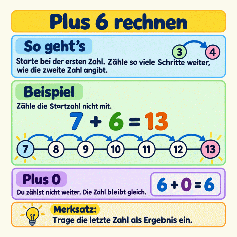 Erklärkarte zum Plusrechnen mit 6: Starte bei der ersten Zahl und zähle so viele Schritte weiter, wie die zweite Zahl angibt. Im Beispiel 7 + 6 = 13 führen sechs Einerschritte von 7 über 8, 9, 10, 11 und 12 bis 13. Die Startzahl wird nicht mitgezählt. Bei 6 + 0 = 6 gibt es keinen Schritt; die Zahl bleibt gleich. Die letzte Zahl ist das Ergebnis. Plus 6 rechnen So geht’s: Starte bei der ersten Zahl. Zähle so viele Schritte weiter, wie die zweite Zahl angibt. Beispiel: Zähle die Startzahl nicht mit. Plus 0: Du zählst nicht weiter. Die Zahl bleibt gleich. Trage die letzte Zahl als Ergebnis ein. 7 + 6 = 13 7 8 9 10 11 12 13 6 + 0 = 6 3 4 Merksatz: