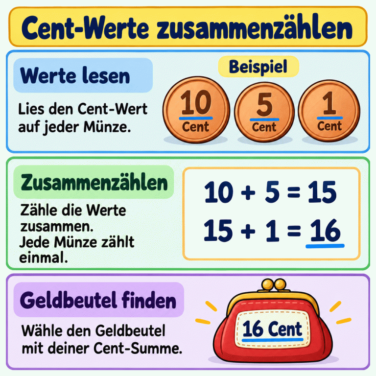 Lies den Cent-Wert jeder Münze und zähle die Werte zusammen. Berücksichtige jede Münze einmal. Im Beispiel sind es 10 Cent, 5 Cent und 1 Cent: 10 plus 5 ergibt 15, dazu 1 ergibt 16. Dazu passt der Geldbeutel mit 16 Cent. Cent-Werte zusammenzählen Werte lesen: Lies den Cent-Wert auf jeder Münze. Zusammenzählen: Zähle die Werte zusammen. Jede Münze zählt einmal. Geldbeutel finden: Wähle den Geldbeutel mit deiner Cent-Summe. Beispiel 10 5 1 Cent 10 + 5 = 15 15 + 1 = 16 16 Cent