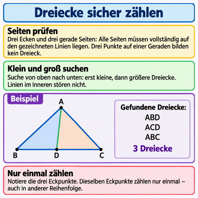 Eine Anleitung zum Dreiecke-Zählen: Prüfe drei Ecken und vollständig gezeichnete gerade Seiten. Suche zuerst kleine, dann größere Dreiecke und notiere jeden Fund anhand seiner Eckpunkte nur einmal. Im Lehrbeispiel liegt D auf der Seite BC des Dreiecks ABC. Die Innenstrecke AD teilt es in ABD und ACD. Zusammen mit ABC sind das drei Dreiecke. B, D und C liegen auf einer Geraden und bilden kein Dreieck. Dreiecke sicher zählen Seiten prüfen: Drei Ecken und drei gerade Seiten: Alle Seiten müssen vollständig auf den gezeichneten Linien liegen. Drei Punkte auf einer Geraden bilden kein Dreieck. Klein und groß suchen: Suche von oben nach unten: erst kleine, dann größere Dreiecke. Linien im Inneren stören nicht. Nur einmal zählen: Notiere die drei Eckpunkte. Dieselben Eckpunkte zählen nur einmal – auch in anderer Reihenfolge. Beispiel A B C D ABD ACD ABC 3 Dreiecke Gefundene Dreiecke: