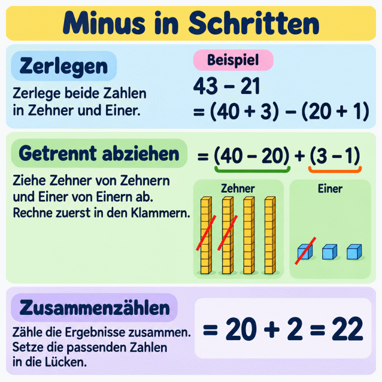 Minus in Schritten: Im Beispiel wird 43 minus 21 gerechnet. Zuerst werden beide Zahlen zerlegt: 43 in 40 plus 3 und 21 in 20 plus 1. Dann werden Zehner und Einer getrennt abgezogen: 40 minus 20 und 3 minus 1. Von vier Zehnerstäben und drei Einersteinen werden zwei Zehnerstäbe und ein Einerstein weggenommen. Übrig bleiben zwei Zehner und zwei Einer. Die Teilergebnisse 20 und 2 ergeben zusammen 22. Minus in Schritten Zerlegen: Zerlege beide Zahlen in Zehner und Einer. Getrennt abziehen: Ziehe Zehner von Zehnern und Einer von Einern ab. Rechne zuerst in den Klammern. Zusammenzählen: Zähle die Ergebnisse zusammen. Setze die passenden Zahlen in die Lücken. Beispiel 43 − 21 = (40 + 3) − (20 + 1) = (40 − 20) + (3 − 1) Zehner Einer = 20 + 2 = 22