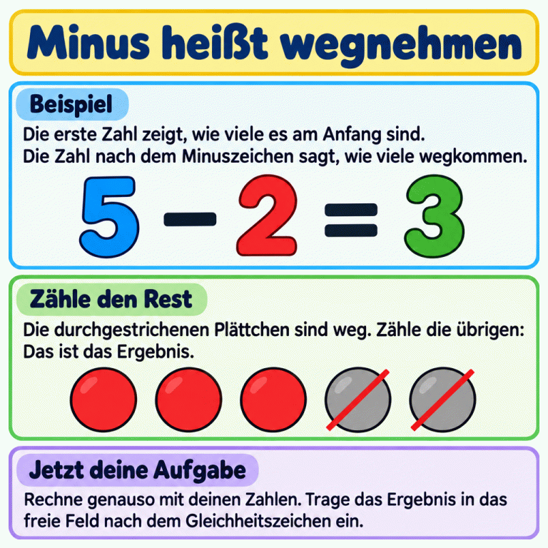 Minus heißt wegnehmen. Das Beispiel zeigt: fünf minus zwei ist drei. Von fünf Plättchen sind zwei durchgestrichen. Drei bleiben übrig. Bei deiner Aufgabe nimmst du von der ersten Zahl so viele weg, wie die Zahl nach dem Minuszeichen angibt. Das Ergebnis kommt in das freie Feld nach dem Gleichheitszeichen. Minus heißt wegnehmen Beispiel: Die erste Zahl zeigt, wie viele es am Anfang sind. Die Zahl nach dem Minuszeichen sagt, wie viele wegkommen. Zähle den Rest: Die durchgestrichenen Plättchen sind weg. Zähle die übrigen: Das ist das Ergebnis. Jetzt deine Aufgabe: Rechne genauso mit deinen Zahlen. Trage das Ergebnis in das freie Feld nach dem Gleichheitszeichen ein. 5 − 2 = 3
